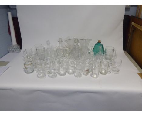 TWO GLASS TABLE BELLS, A PAIR OF ART DECO MOULDED GLASS FAN SHAPED FLOWER VASES, DRINKING GLASSES AND TURQUOISE GLASS ART DEC