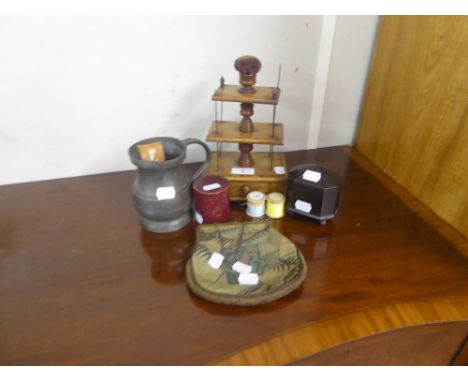 A VICTORIAN WOODEN BOBBIN HOLDER, THREE TIERS OVER SINGLE DRAWER, A PEWTER PINT TANKARD, A CASED SHOT GLASS AND TWO OTHER ITE