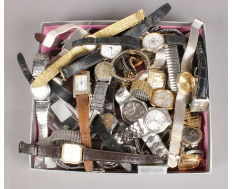 A box of wristwatches. Includes quartz, manual and automatic examples.  