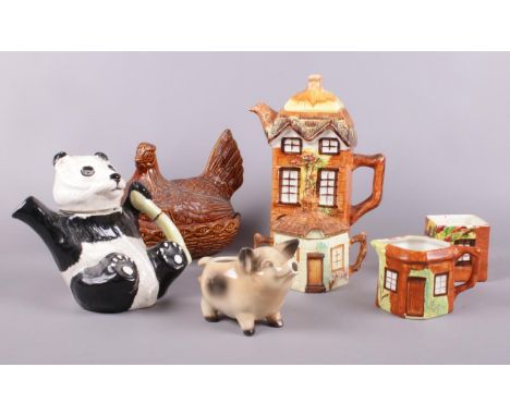 A group of ceramics. Beswick 'Panda' teapot, Portmeirion (oven to table) chicken lidded dish, Price Kensington teapot example