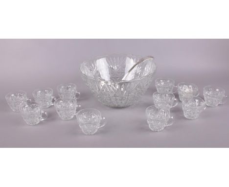 Large crystal punch bowl with 12 punch cups &amp; silver plated ladle.  