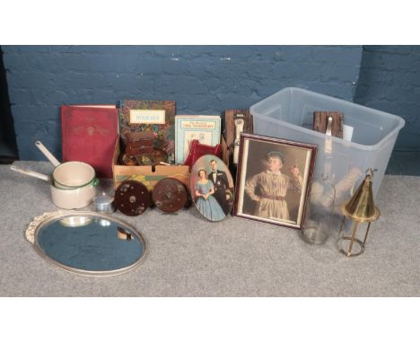 Two boxes of miscellaneous - to include a Picquot ware sugar bowl, a pair of enamel pans, a commemorative tin and a pair of w