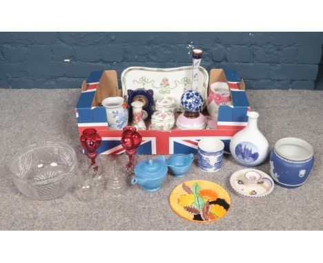 A box of miscellaneous - to include a 'Wedgwood' deep blue vase, Poole candle holder &amp; James Kent Ceramic plaque etc.  Co