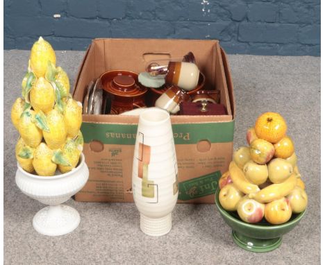 A box of miscellaneous. Ellgreave Saxony storage jars, Alfred Meakin, ceramic fruit bowls example etc  