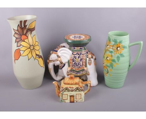 A group of ceramics. Brentleigh ware 'Delwood' vase, Ranleigh 'Alton' vase, Keele pottery teapot examples etc.  