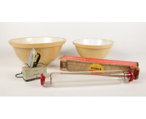 A group of kitchenalia. Two Gripstand ceramic bowls, vintage Pyrex oven table glass rolling pin (boxed), A model Morphy Richa