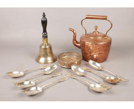 A group of metalwares. Includes copper kettle, hand bell, Mappin &amp; Webb spoons, wine coaster.  