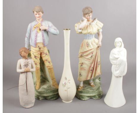 A mixed group of mainly figures. Includes Willow Tree, Royal Worcester Moments, pair of bisque figures and an enamelled vase.