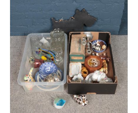 Two boxes of miscellaneous. Includes ceramic animals, art glass, blue and white etc.  