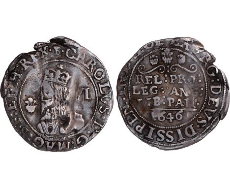 British coins, Charles I, sixpence, Bridgnorth-on-Severn mint, mm. B, 1646, crowned bust l., plume before face, rev. scroll a