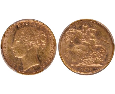 G, British coins, Victoria, sovereign, 1879M, young head l., M below, rev. St. George and the dragon, horse with long tail, s