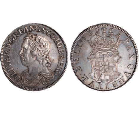 British coins, Oliver Cromwell, crown, by Simon, 1658/7, dr. bust l., rev. crowned shield of arms (S.3226; N.2745; ESC.10; Bu