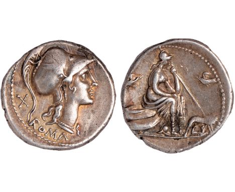 Anonymous issue (115-114 BC), silver denarius, ROMA beneath head of Roma r., X behind, rev. Roma seated r. on shields, wolf a