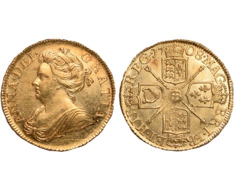 British coins, Anne, half guinea, 1708, dr. bust l., rev. crowned cruciform shields, sceptres in angles (S.3575), about mint 