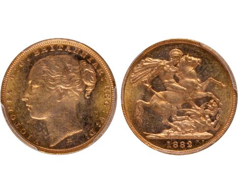 G, British coins, Victoria, sovereign, 1882M, first young head l., M below, rev. St. George and the dragon, horse with short 