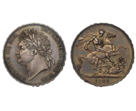 British coins, George IV, crown, 1821, SECUNDO, laur. head l., rev. St. George and the dragon (S.3805; ESC.246), light scratc