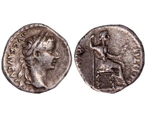 Ancient coins,Tiberius (14-37 AD), denarius, TI CAESAR DIVI AVG F AVGVSTVS (fragmented), his laur. head r., rev. PONTIF MAXIM