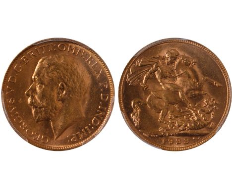 G, British coins, George V, sovereign, 1923M, bare head l., rev. St. George and the dragon, M above date (S.3999), certified 