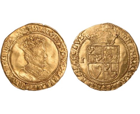 British coins, James I, second coinage, double crown, mm. tower (1612-1613), crowned fifth bust r., rev. crowned shield of ar