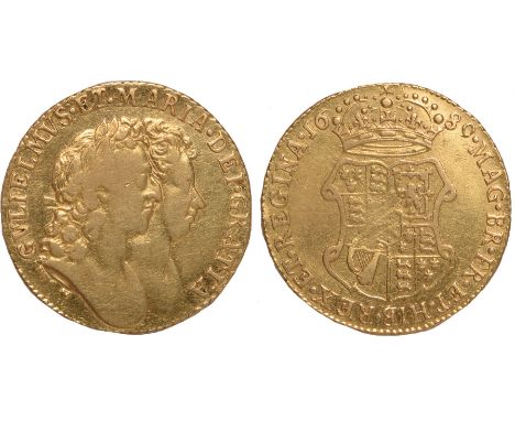 British coins, William and Mary, guinea, 1689, conjoined laur. busts r., rev. crowned shield of arms, early harp (S.3426), ob