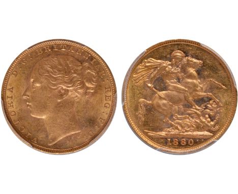G, British coins, Victoria, sovereign, 1880S, first young head l., S below, rev. St. George and the dragon, horse with long t