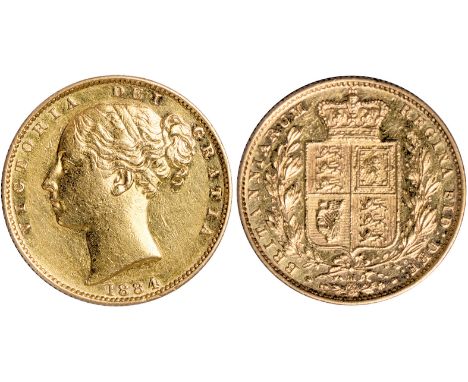 G, British coins, Victoria, sovereign, 1884M, WW in relief, third young head l., rev. type 1, crowned shield of arms within w