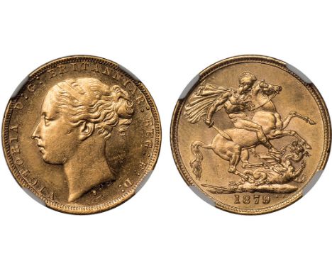 G, British coins, Victoria, sovereign, 1879S, WW buried in narrow truncation, horse with long tail, small BP, young head l., 