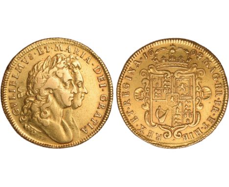 British coins, William and Mary, two guineas, 1694/3, conjoined laur. busts r., rev. crowned shield of arms (S.3424), two sma