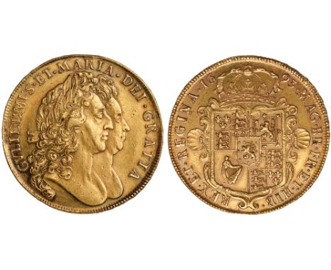 British coins, William and Mary, five guineas, 1693, QVINTO, conjoined laur. busts r., rev. crowned shield of arms (S.3422), 