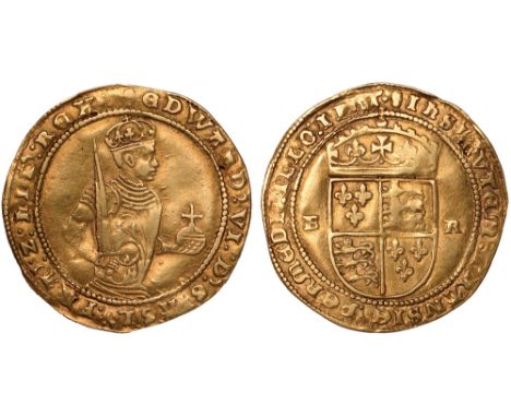 British coins, Edward VI, third period, half sovereign, mm. tun (1551-1553), half-length, crowned portrait of king r., holdin
