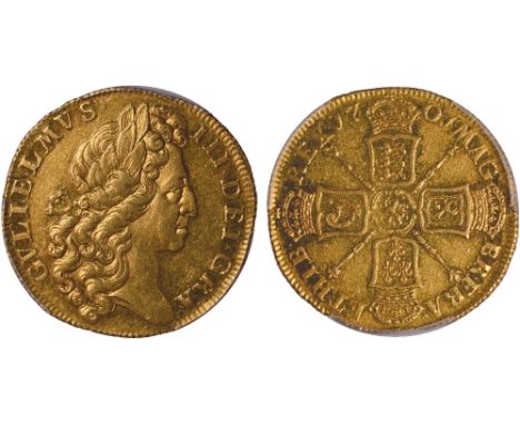 British coins, William III, two guineas, 1701, ‘fine work’, laur. bust r., rev. crowned cruciform shields, sceptres in angles