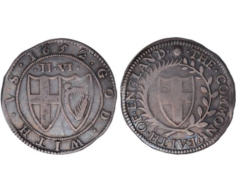 British coins, Commonwealth, halfcrown, mm. sun, 1652, English shield of arms within wreath, rev. conjoined shields, mark of 