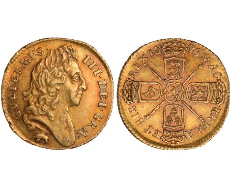 British coins, William III, half guinea, 1696, elephant and castle, laur. bust r., elephant and castle below, rev. crowned cr