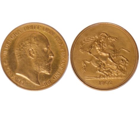G, British coins, Edward VII, matt proof five pounds, 1902, bare head r., rev. St. George and the dragon (S.3966), certified 