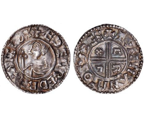 British coins, Aethelred II (978-1016), penny, Crux type (BMC IIIa), Southwark, Tuneman, TVNEMAN M-O SVĐGE, bust l. with scep