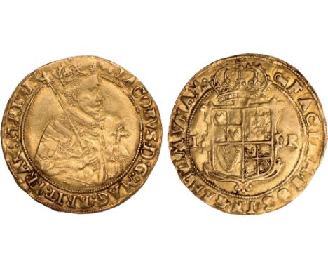 British coins, James I, second coinage, unite, mm. key (1609-1610), crowned fourth bust r., holding orb and shouldering scept