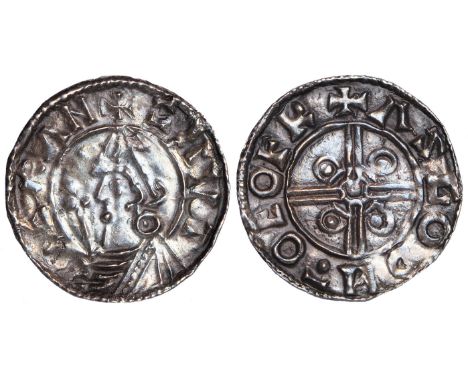 British coins, Cnut, penny, pointed helmet type (1024-1030), York, Hildulf, helmeted bust l., with sceptre, rev. +ASGOD M O E