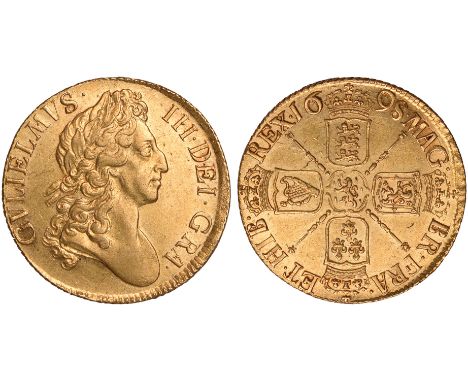 British coins, William III, guinea, 1698, second laur. bust r., rev. crowned cruciform shields, sceptres in angles (S.3460), 