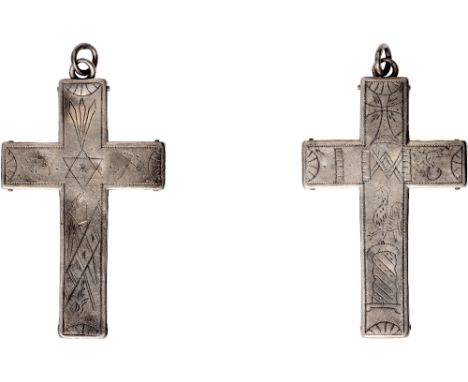 Masonic Jewels, A French 19th century hollow silver Masonic Crucifix, engraved with emblems, including letter S and cockerel 