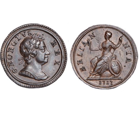 British coins, George I, farthing, 1717, ‘dump’ issue, inverted die axis, laur. bust r., rev. Britannia std. l., with shield 