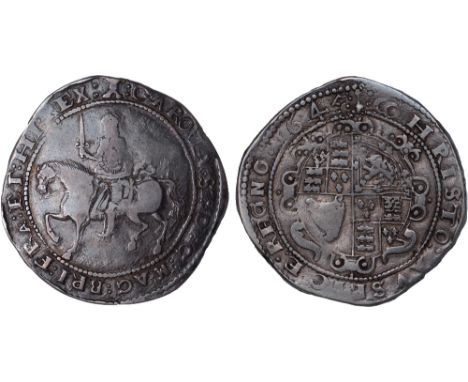 British coins, Charles I, crown, Exeter mint, mm. rose, 1645, crowned figure of king on horseback l., holding sword, sash fli