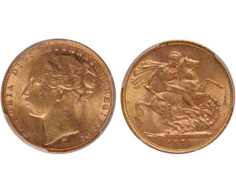 G, British coins, Victoria, sovereign, 1874M, young head l., M below, rev. St. George and the dragon (S.3857), certified and 