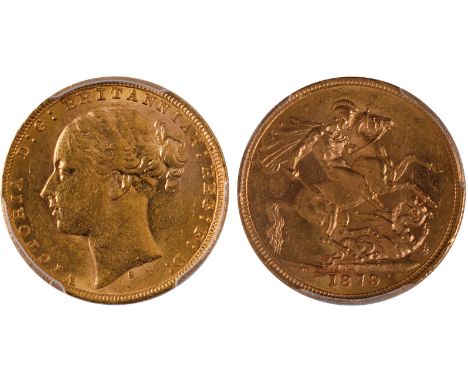 G, British coins, Victoria, sovereign, 1879S, WW buried in narrow truncation, horse with long tail, small BP, young head l., 