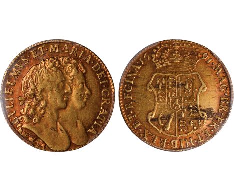 British coins, William and Mary, guinea, 1691, elephant and castle, conjoined laur. busts r., elephant and castle below, rev.