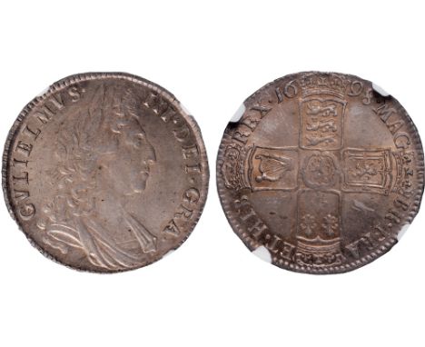 British coins, William III, halfcrown, 1698, DECIMO, first laur. and dr. bust r., rev. crowned cruciform shields (S.3494; ESC