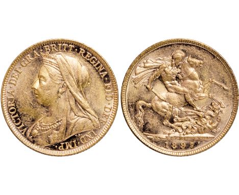 G, British coins, Victoria, sovereign, 1897M, veiled bust l., rev. St. George and the dragon, M above date (S.3875), scratch 