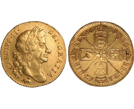 British coins, Charles II, guinea, 1679, fourth laur. bust r., elephant and castle below, rev. crowned cruciform shields, sce