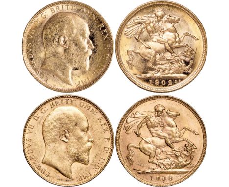 G, British coins, Edward VII, sovereigns (2): 1902M; 1908P, head r., rev. St. George and the dragon, M/P above date (S.3971/7