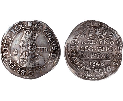 British coins, Charles I, groat, Bridgnorth-on-Severn mint, mm. plumelet, 1646, crowned bust l., plume before face, rev. scro