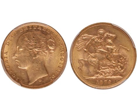 G, Victoria, sovereign, 1879M, young head l., M below, rev. St. George and the dragon, horse with long tail, small BP in exer